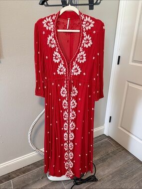 Free People Red Maxi Dress with White Floral Embroidery